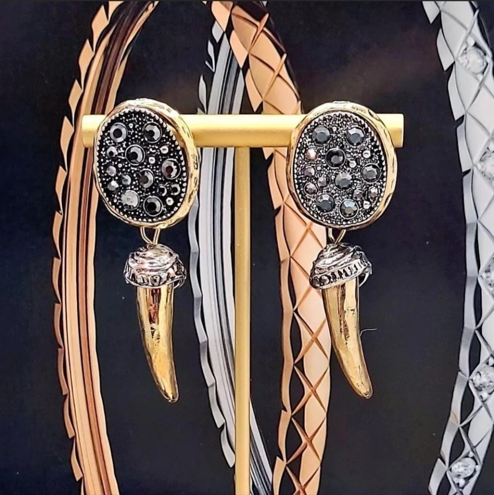 NWT Two-toned Natural Marcassite Encrusted Dangling Gold Spike Drop Earrings